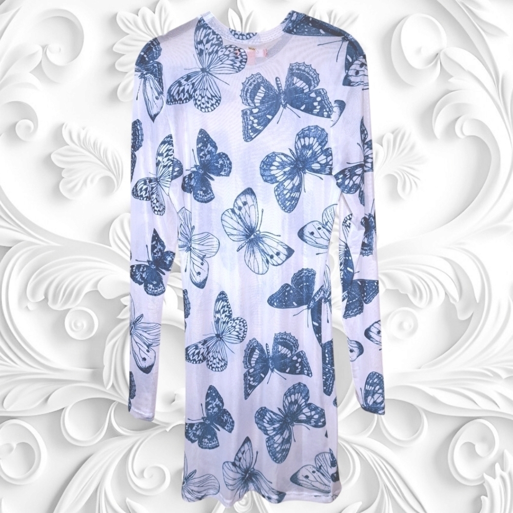 Guess Sheer White Long Sleeve Dress With Blue Butterflies Size Large - Picture 5 of 5
